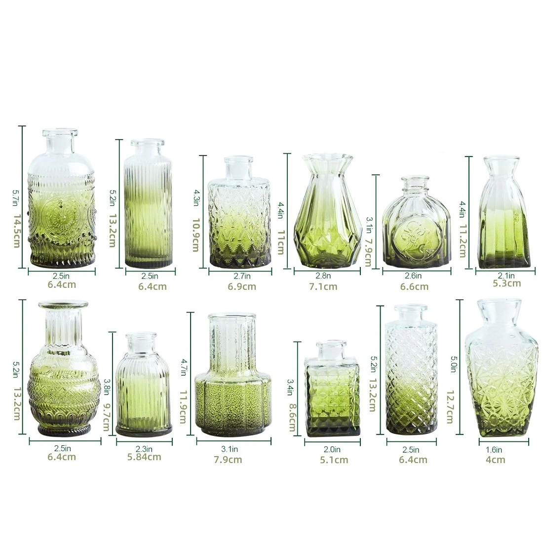 Set of 12 Small Green Glass Bud Vases - Mini Glass Vases for Centerpieces, Flowers & Home Decor view 4