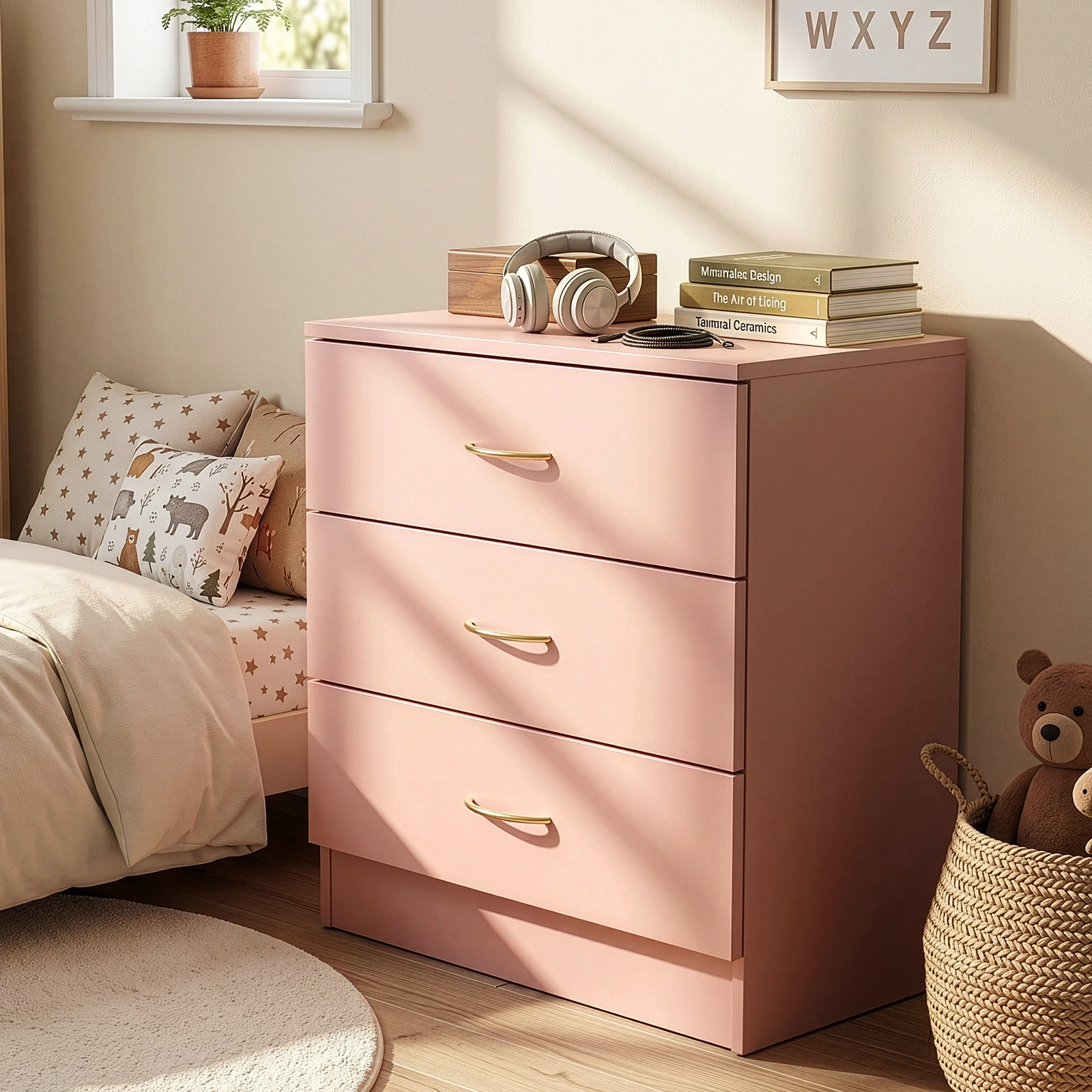 3-Drawer Chest with Faux Rose Gold Handles Drawer Dresser 22.05*12.99*25.98in Pink view 13