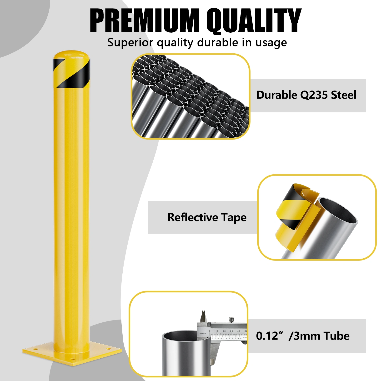 48 Inch Yellow Steel Parking Bollard Post, 4.5" Diameter Powder Coated Safety Barrier for Traffic Sensitive Areas view 3