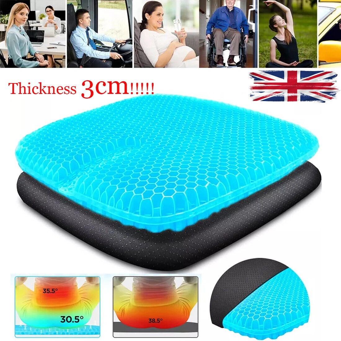 Cooling Gel Seat Cushion, Honeycomb Breathable Memory Foam Car Seat Pad, Double-Thick Ergonomic Sitting Cushion
