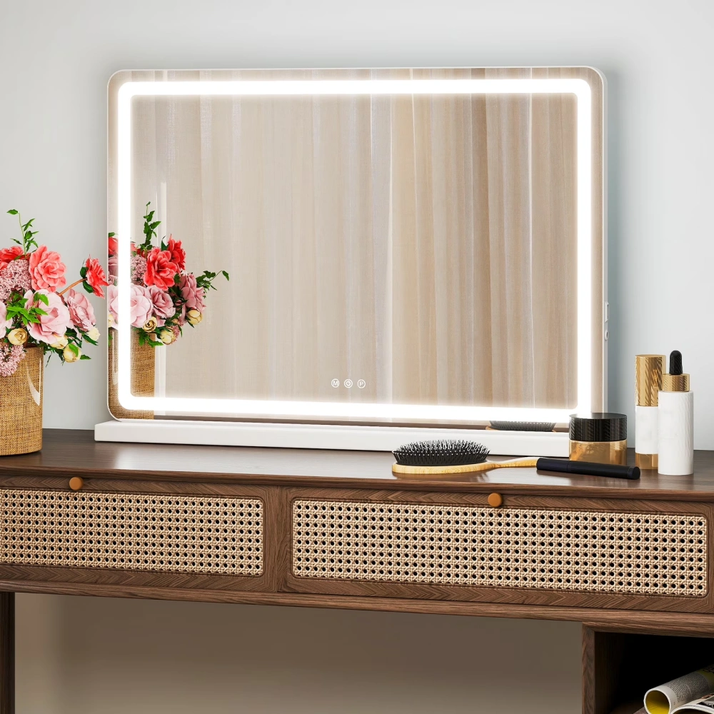 22x32 LED Vanity Mirror with Lights, Dimmable 3-Color Temperatures, Touch Screen Makeup Mirror for Dressing Table, White Square