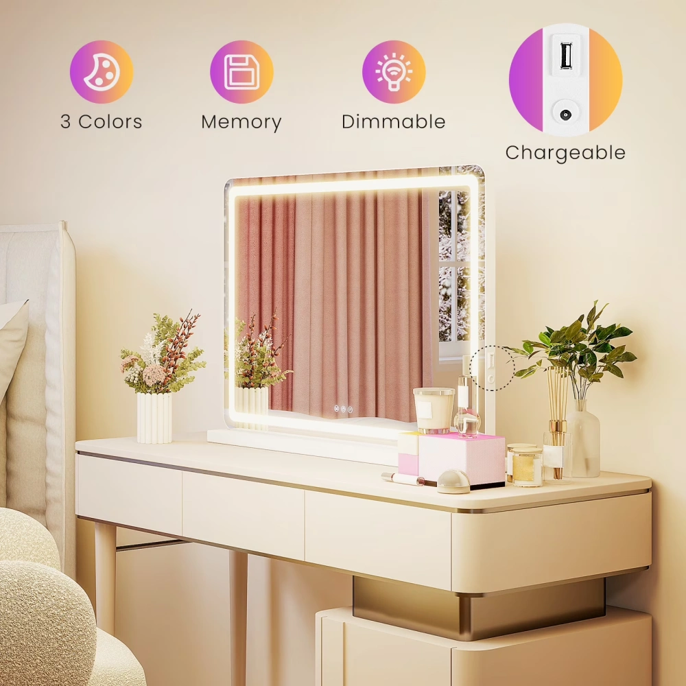 22x32 LED Vanity Mirror with Lights, Dimmable 3-Color Temperatures, Touch Screen Makeup Mirror for Dressing Table, White Square view 4