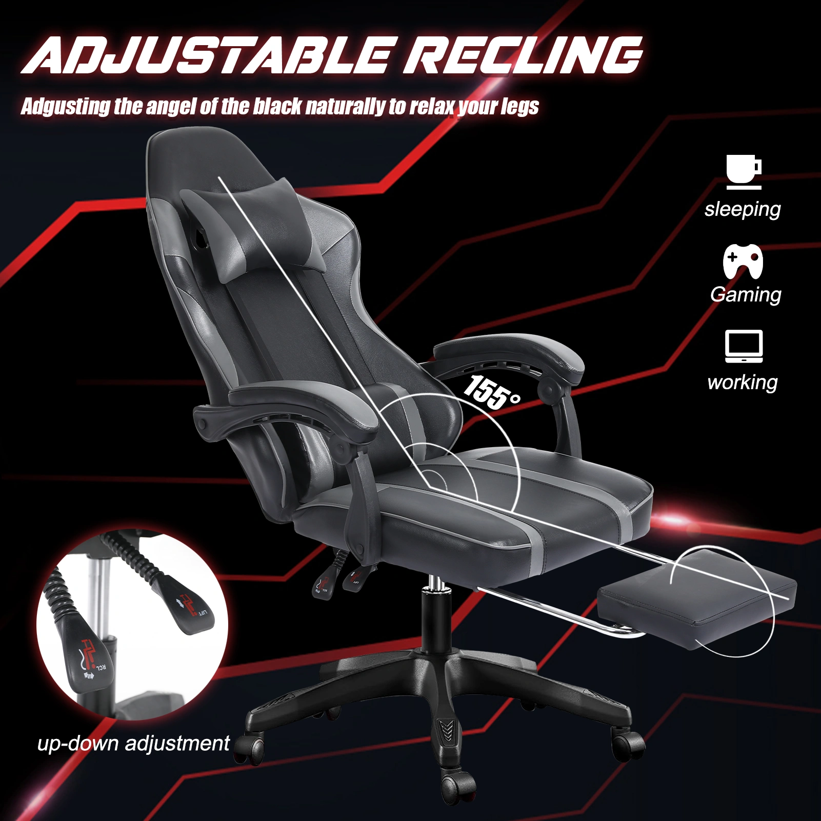 Ergonomic Gaming Chair with Footrest - Adjustable Lumbar Support Office Chair, 360° Swivel PU Leather Computer Chair for Heavy Adults, Gray view 2