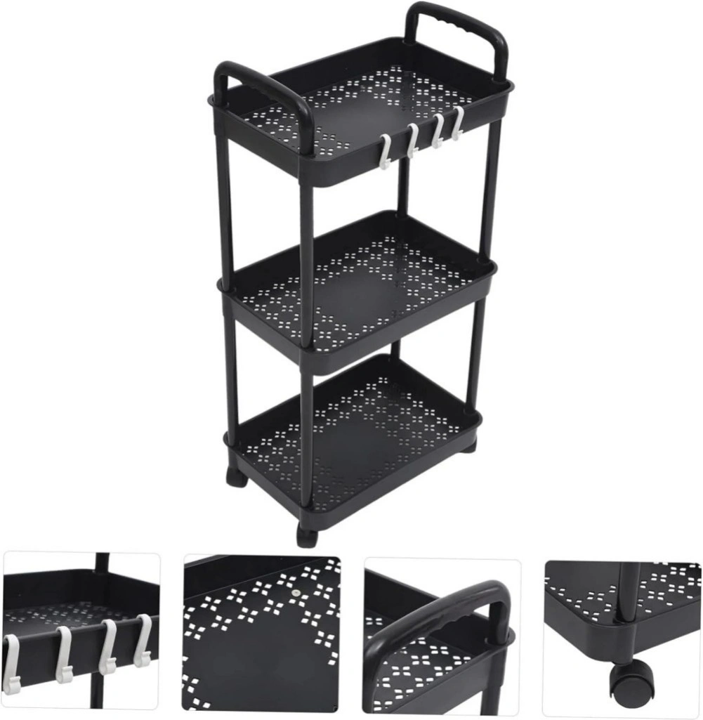 3 Tier Storage Trolley Cart on Wheels Kitchen Bathroom Laundry Narrow Space Rack black view 5