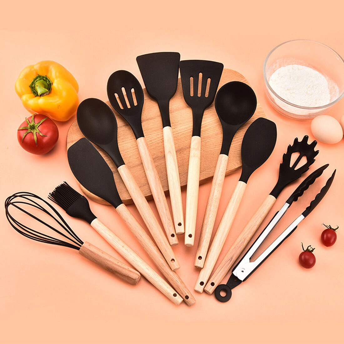 12PCS Silicone Kitchen Utensils Set, Non-Stick Cooking Spatula Turner Spoon Set with Utensil Holder, Heat Resistant BPA-Free, Black