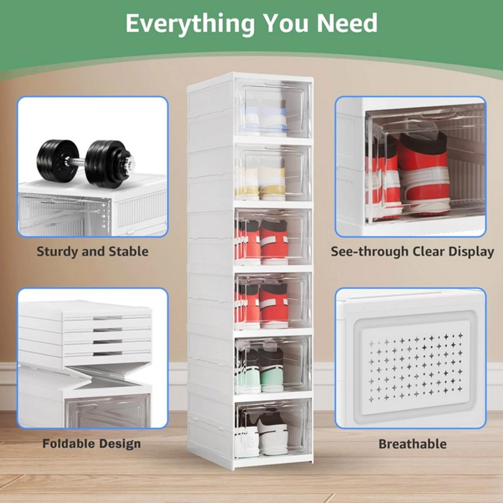 Shoe Storage Organizer Boxes, 6-Pack Foldable Sneaker Display Case, Collapsible Shoe Boxes Clear Window