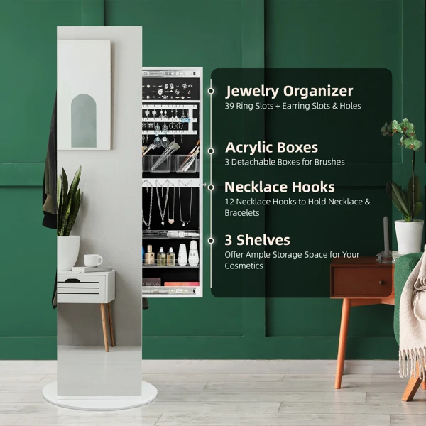 Jewelry Armoire with Full Length Mirror 360° and Large Capacity Jewelry Organizer Armoire, Mirror with Jewelry Storage, Coat Rack,Multi Storage Shelves view 4