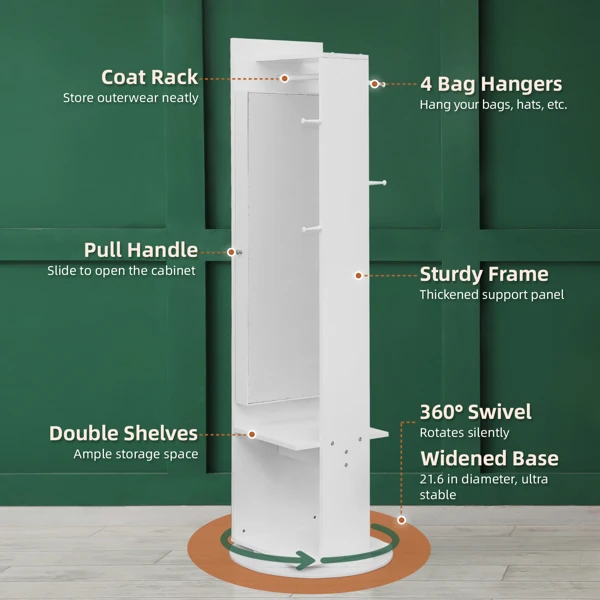 Jewelry Armoire with Full Length Mirror 360° and Large Capacity Jewelry Organizer Armoire, Mirror with Jewelry Storage, Coat Rack,Multi Storage Shelves view 5