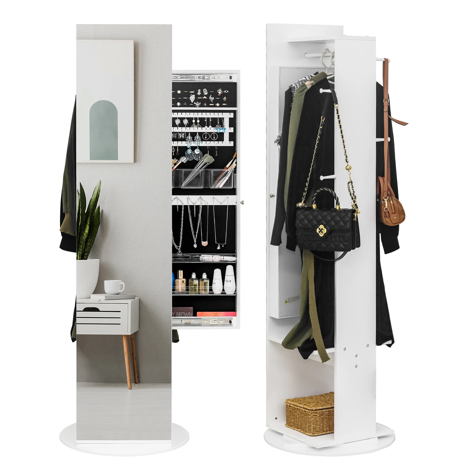 Jewelry Armoire with Full Length Mirror 360° and Large Capacity Jewelry Organizer Armoire, Mirror with Jewelry Storage, Coat Rack,Multi Storage Shelves view 10