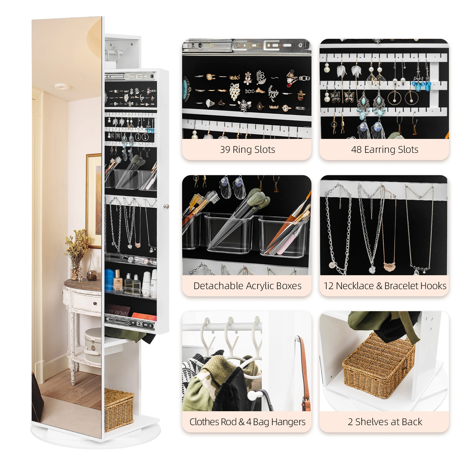 Jewelry Armoire with Full Length Mirror 360° and Large Capacity Jewelry Organizer Armoire, Mirror with Jewelry Storage, Coat Rack,Multi Storage Shelves view 13