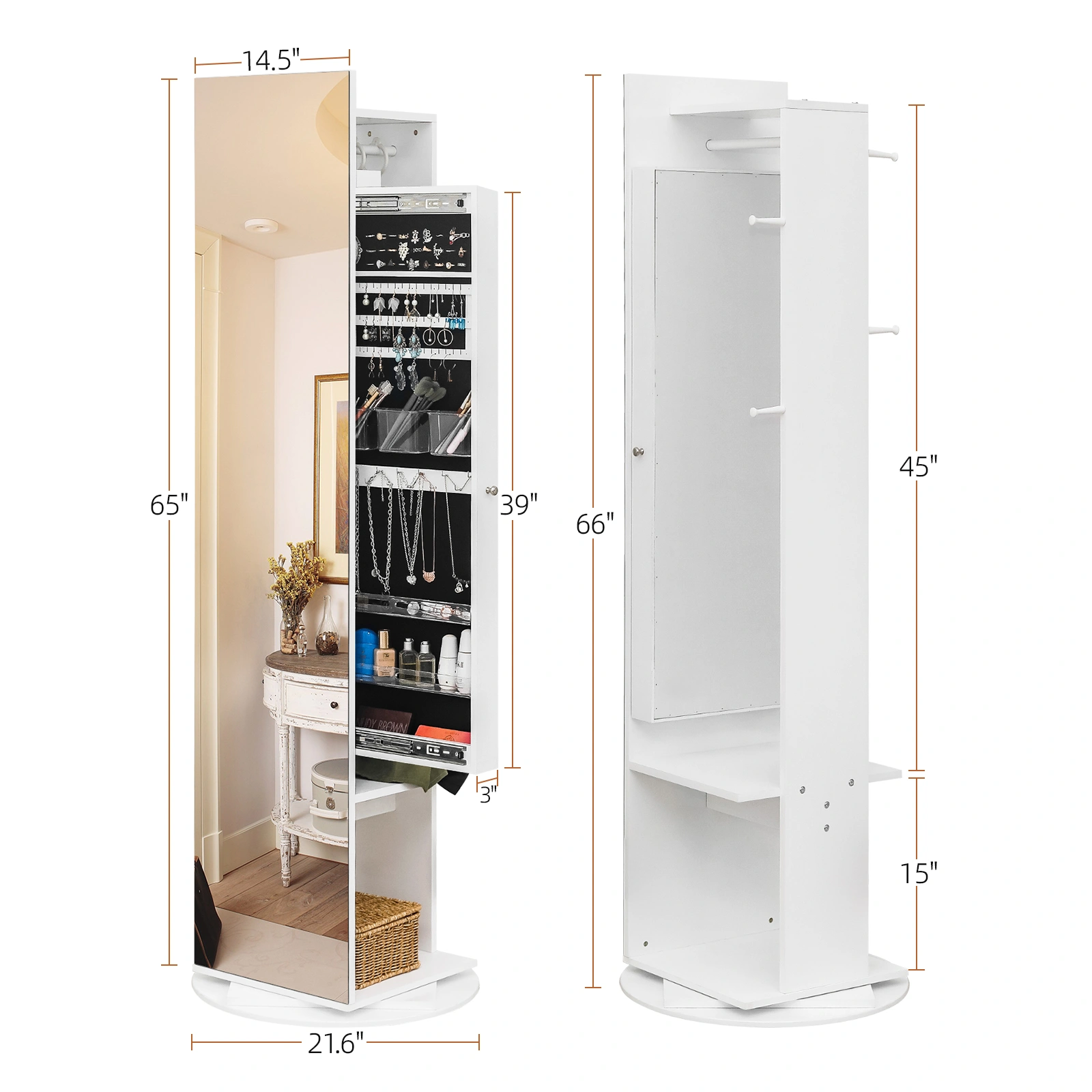 Jewelry Armoire with Full Length Mirror 360° and Large Capacity Jewelry Organizer Armoire, Mirror with Jewelry Storage, Coat Rack,Multi Storage Shelves view 16