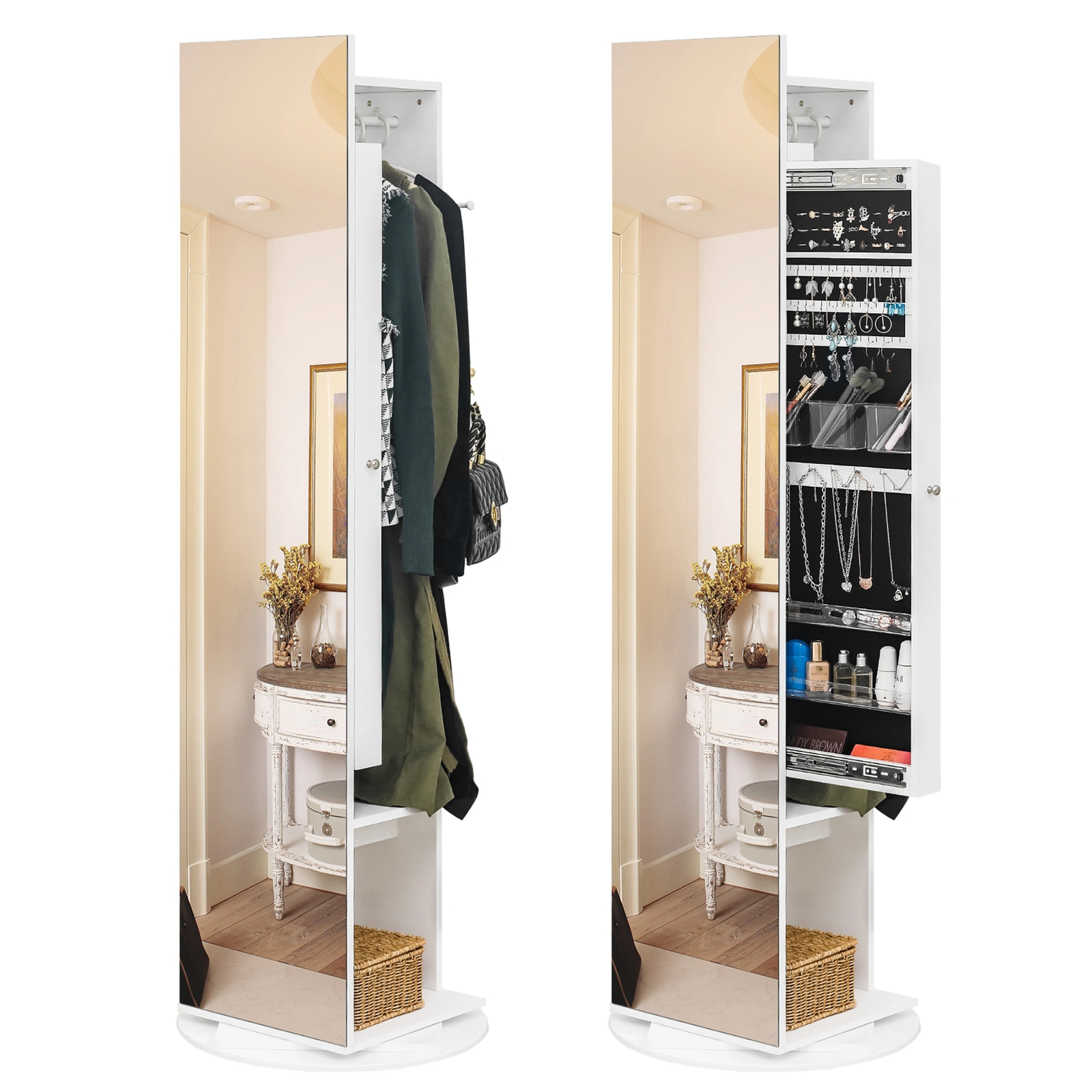 Jewelry Armoire with Full Length Mirror 360° and Large Capacity Jewelry Organizer Armoire, Mirror with Jewelry Storage, Coat Rack,Multi Storage Shelves view 6