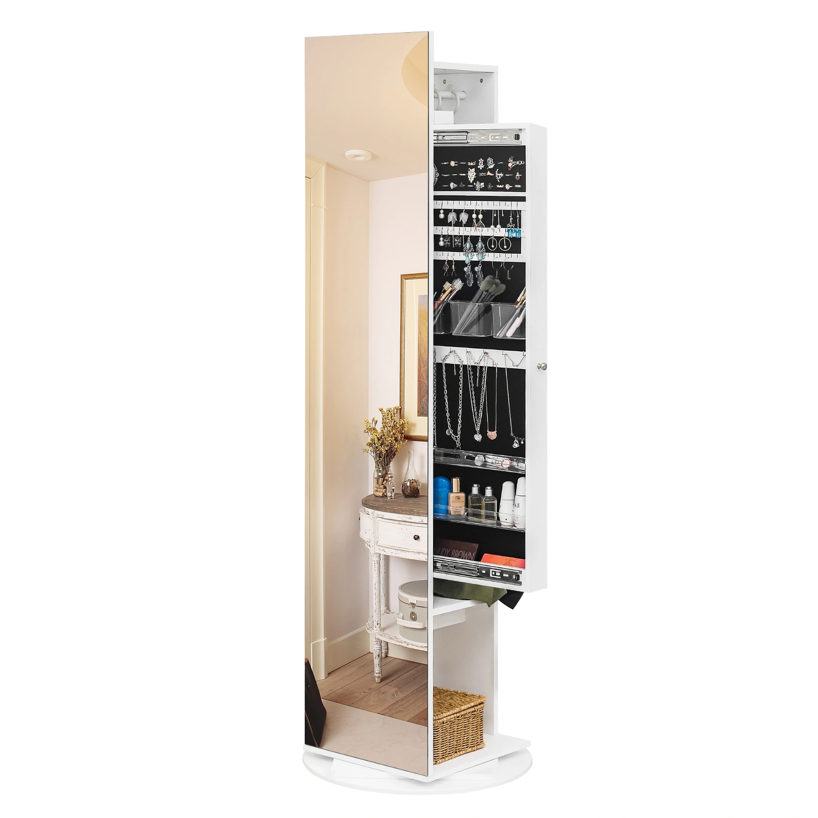 Jewelry Armoire with Full Length Mirror 360° and Large Capacity Jewelry Organizer Armoire, Mirror with Jewelry Storage, Coat Rack,Multi Storage Shelves view 9