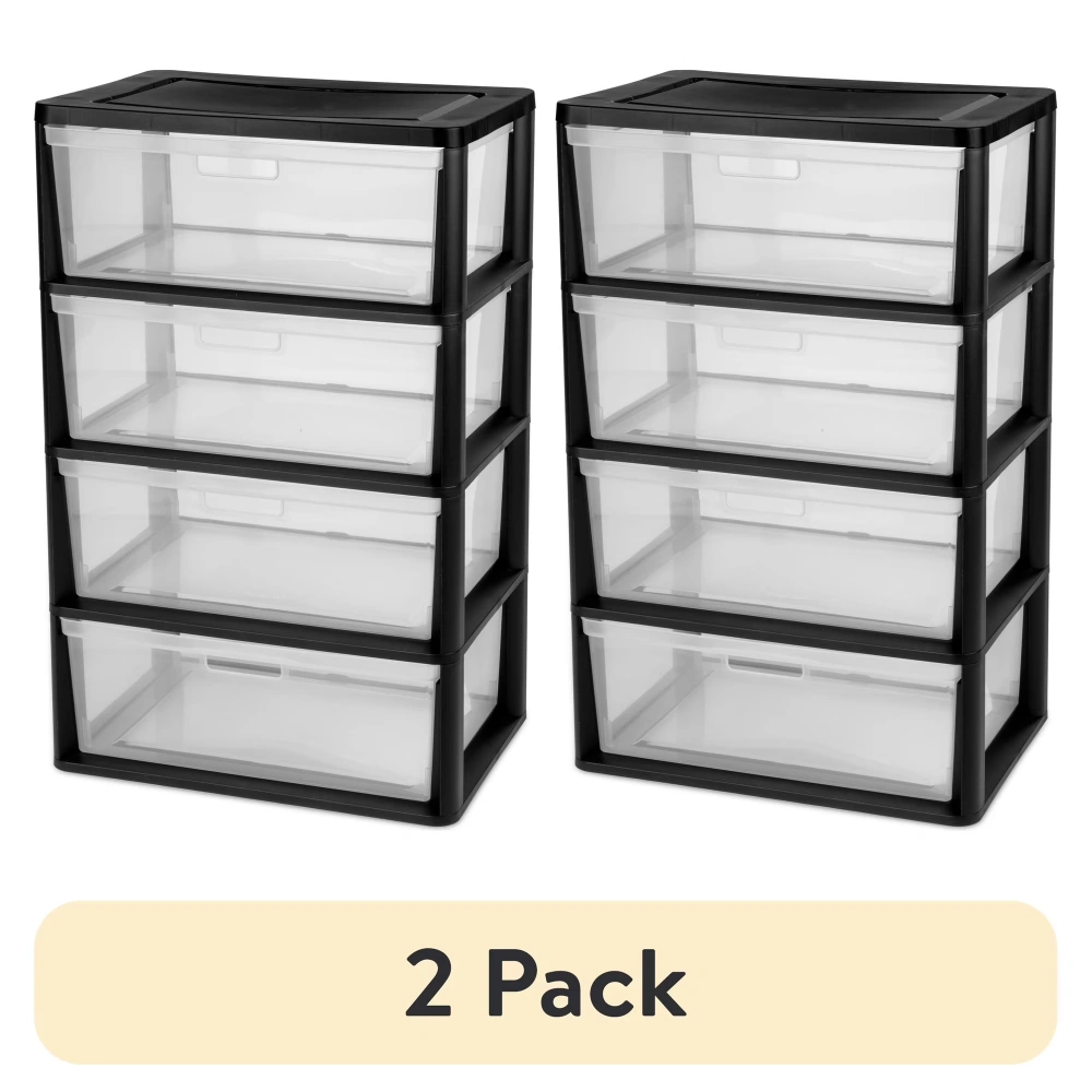 (2 pack) Wide 4 Drawer Tower, Plastic Storage Organizer with Removable Clear Bins, Easy to Assemble - No Tools Needed, Black (Shipment from Walmart)
