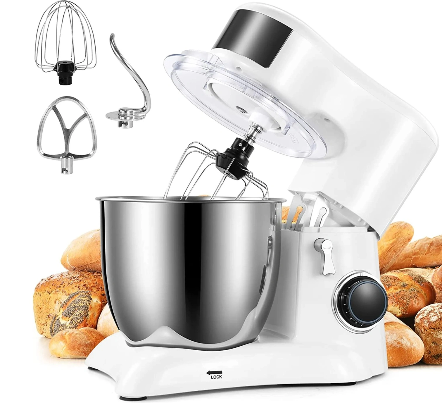 Food Processor Kneading Machine 1300W 5.5L Stainless Steel Bowl 10 Speed Settings with Whisk Mixing Bowl White