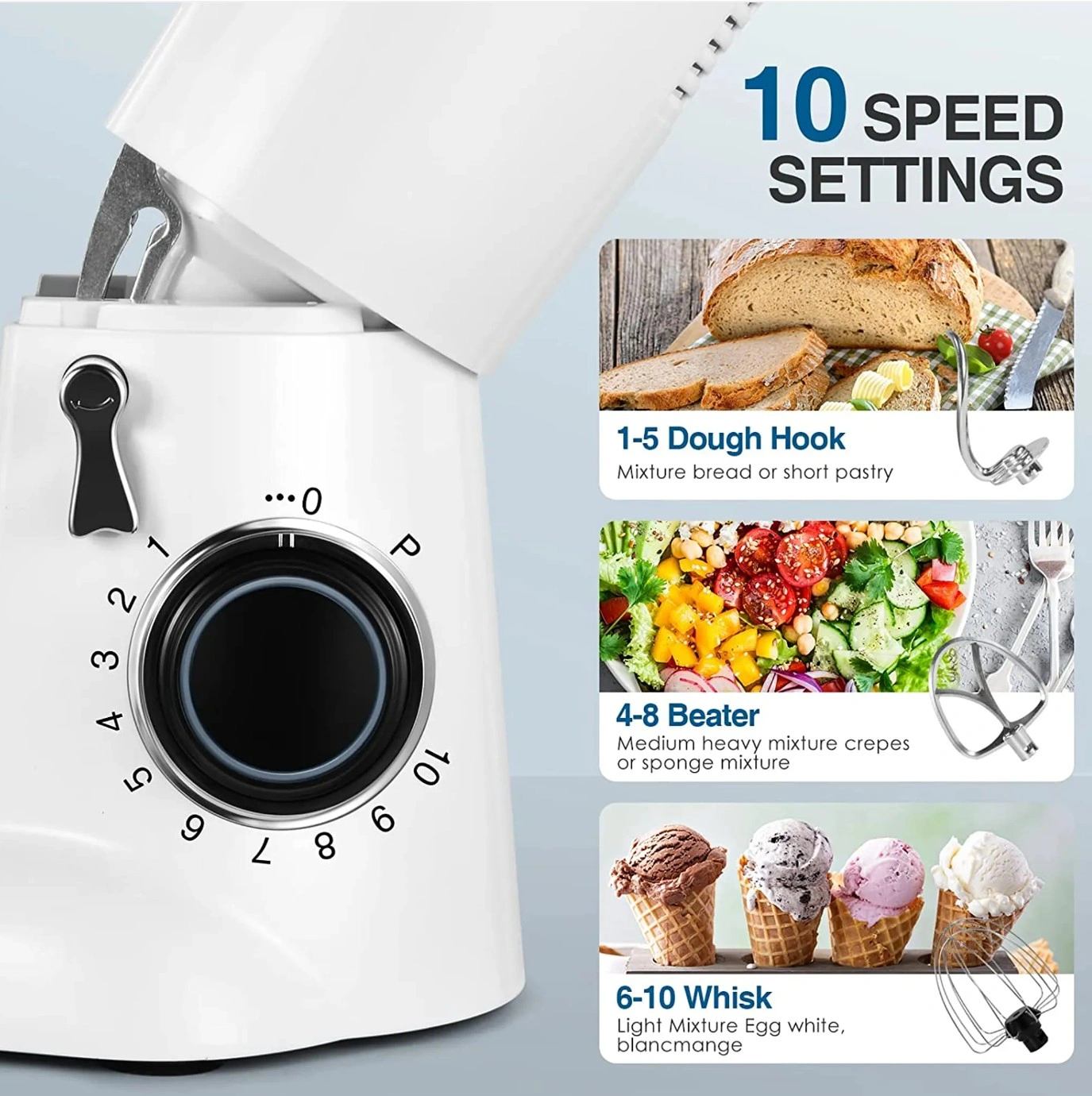 Food Processor Kneading Machine 1300W 5.5L Stainless Steel Bowl 10 Speed Settings with Whisk Mixing Bowl White view 2