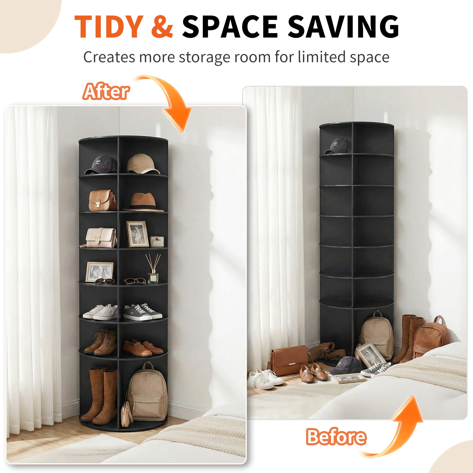 7-tier, 360° rotating wood-plastic composite shoe rack, 60*60*184cm, black view 10