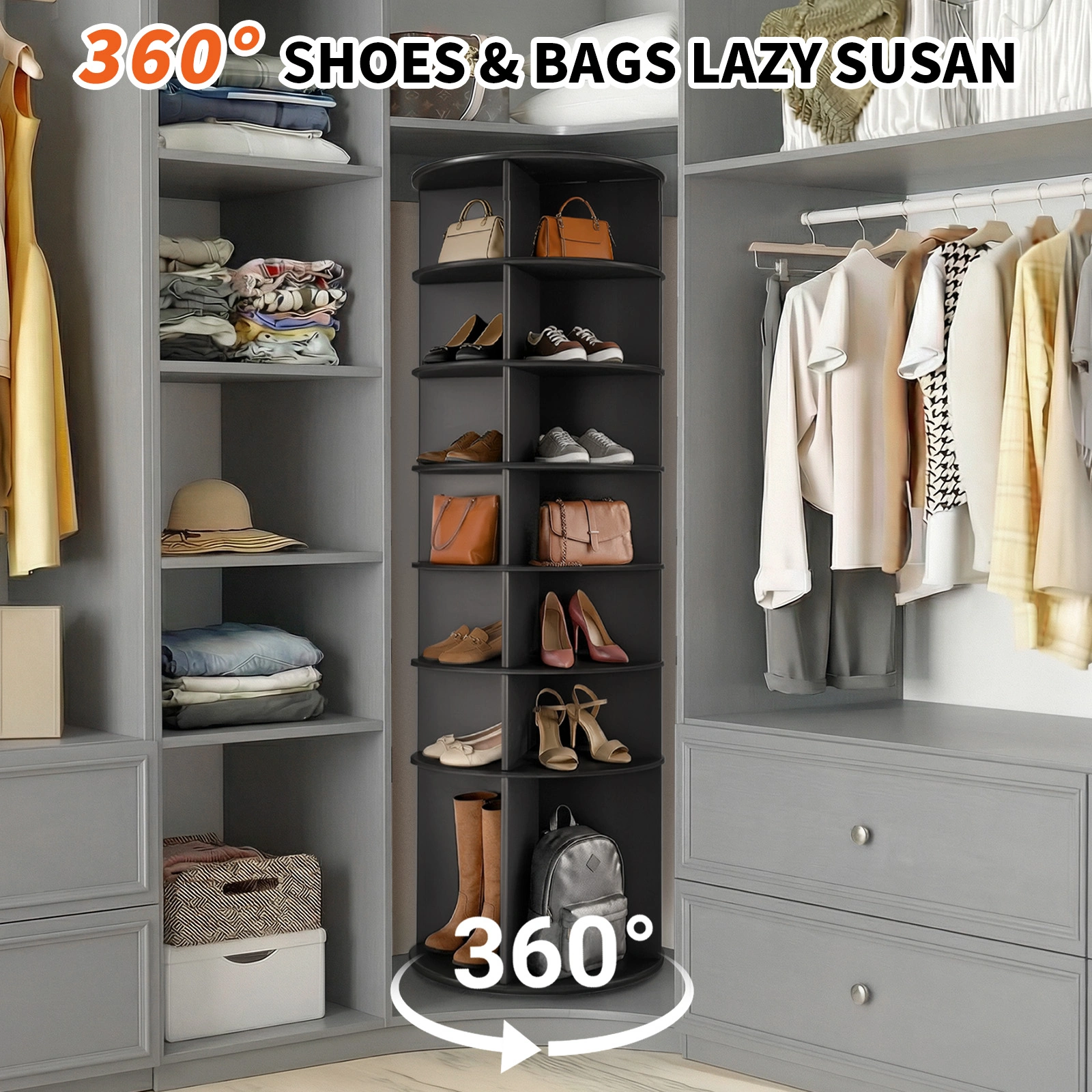 7-tier, 360° rotating wood-plastic composite shoe rack, 60*60*184cm, black view 11