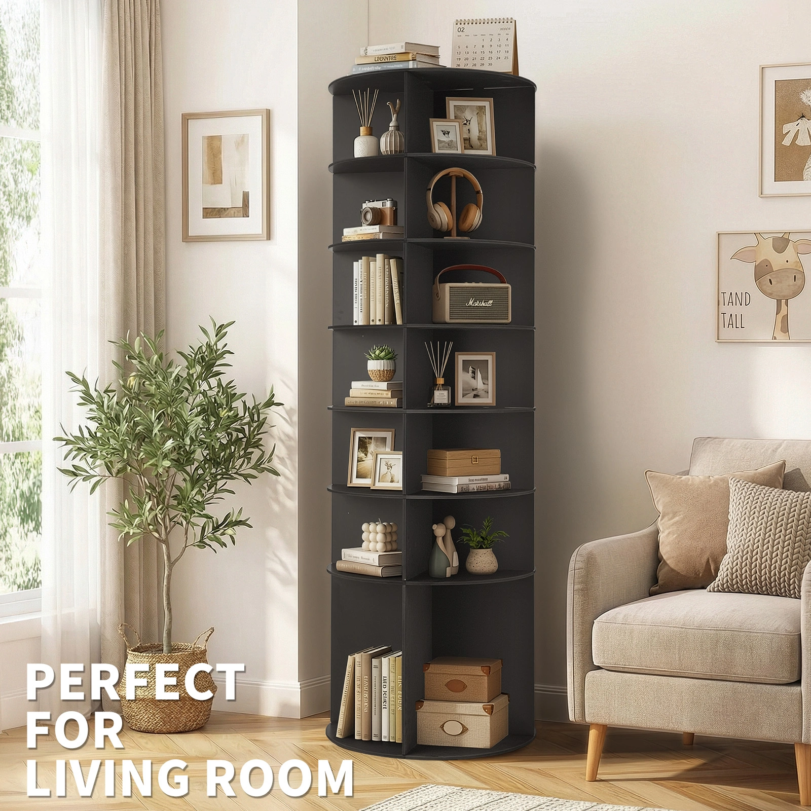 7-tier, 360° rotating wood-plastic composite shoe rack, 60*60*184cm, black view 12