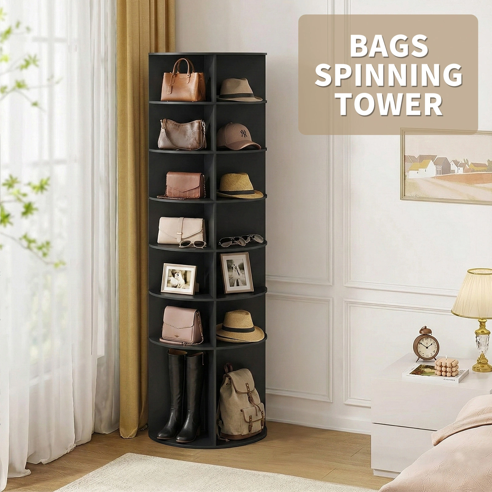 7-tier, 360° rotating wood-plastic composite shoe rack, 60*60*184cm, black view 13