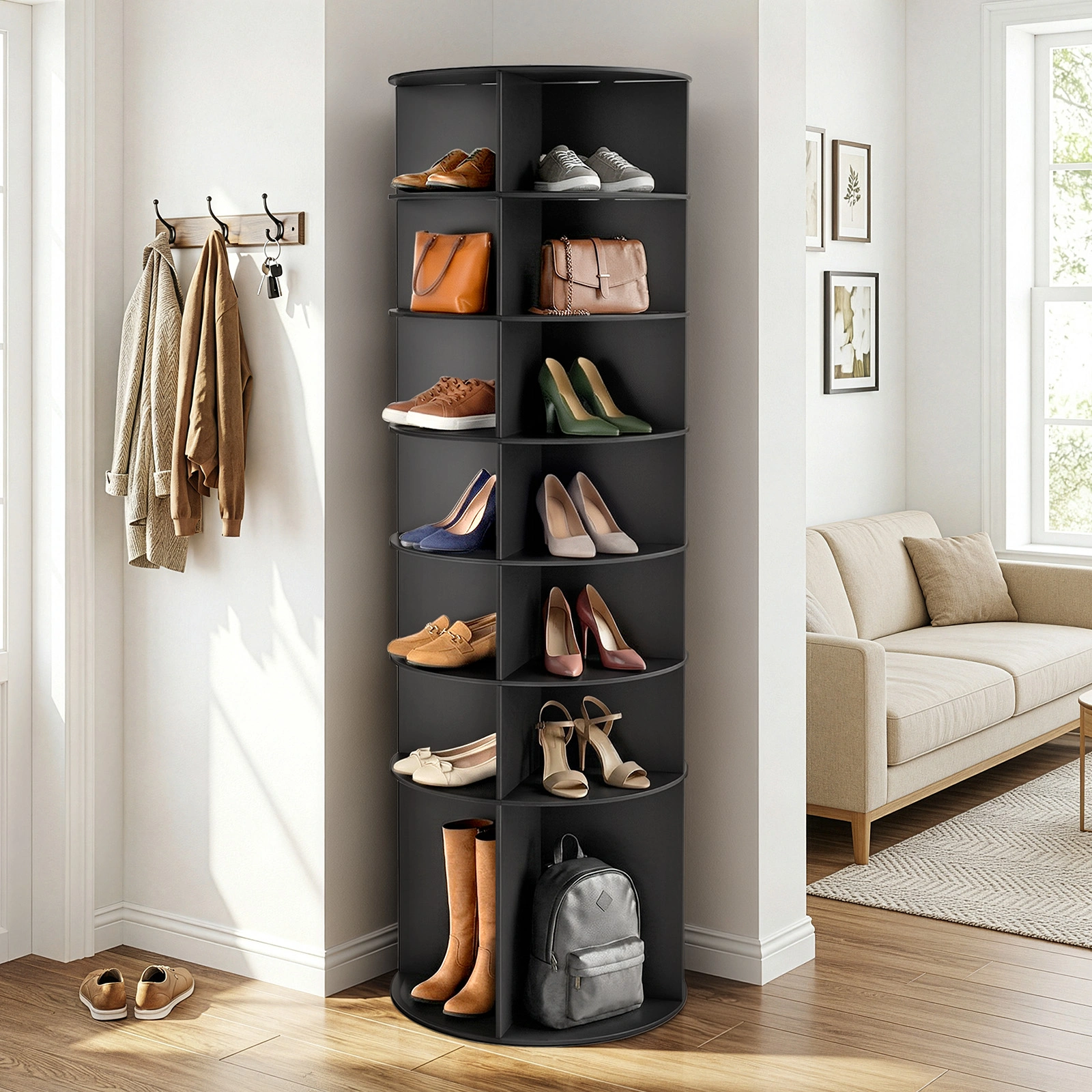 7-tier, 360° rotating wood-plastic composite shoe rack, 60*60*184cm, black view 14