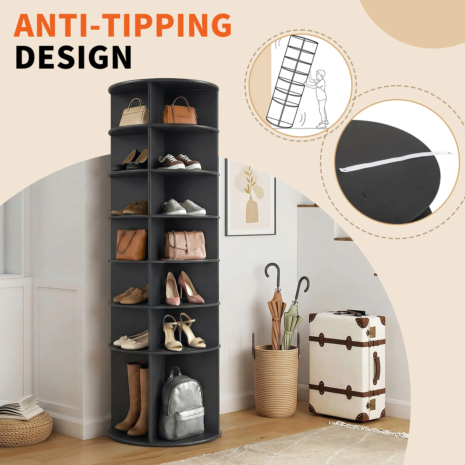 7-tier, 360° rotating wood-plastic composite shoe rack, 60*60*184cm, black view 15