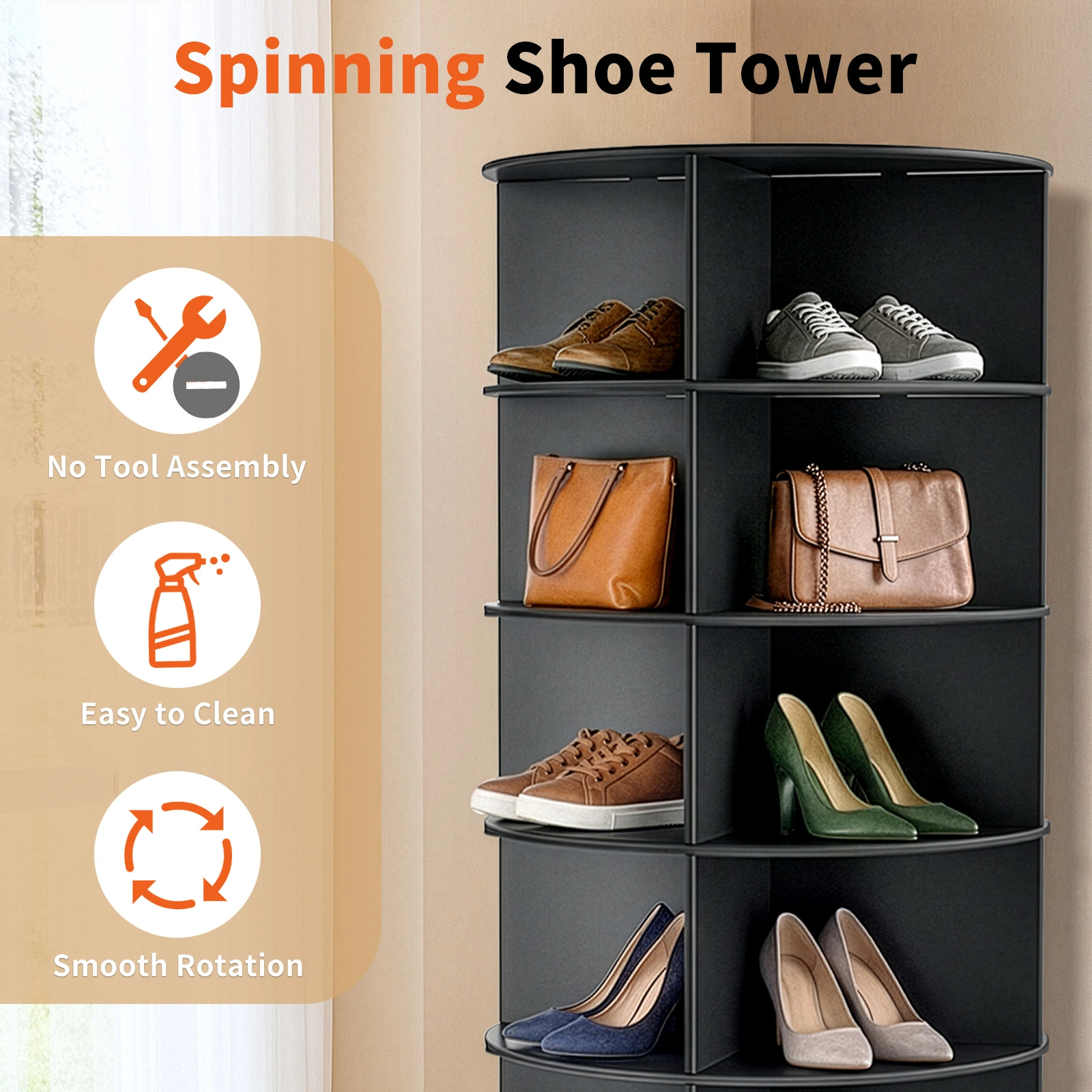 7-tier, 360° rotating wood-plastic composite shoe rack, 60*60*184cm, black view 6