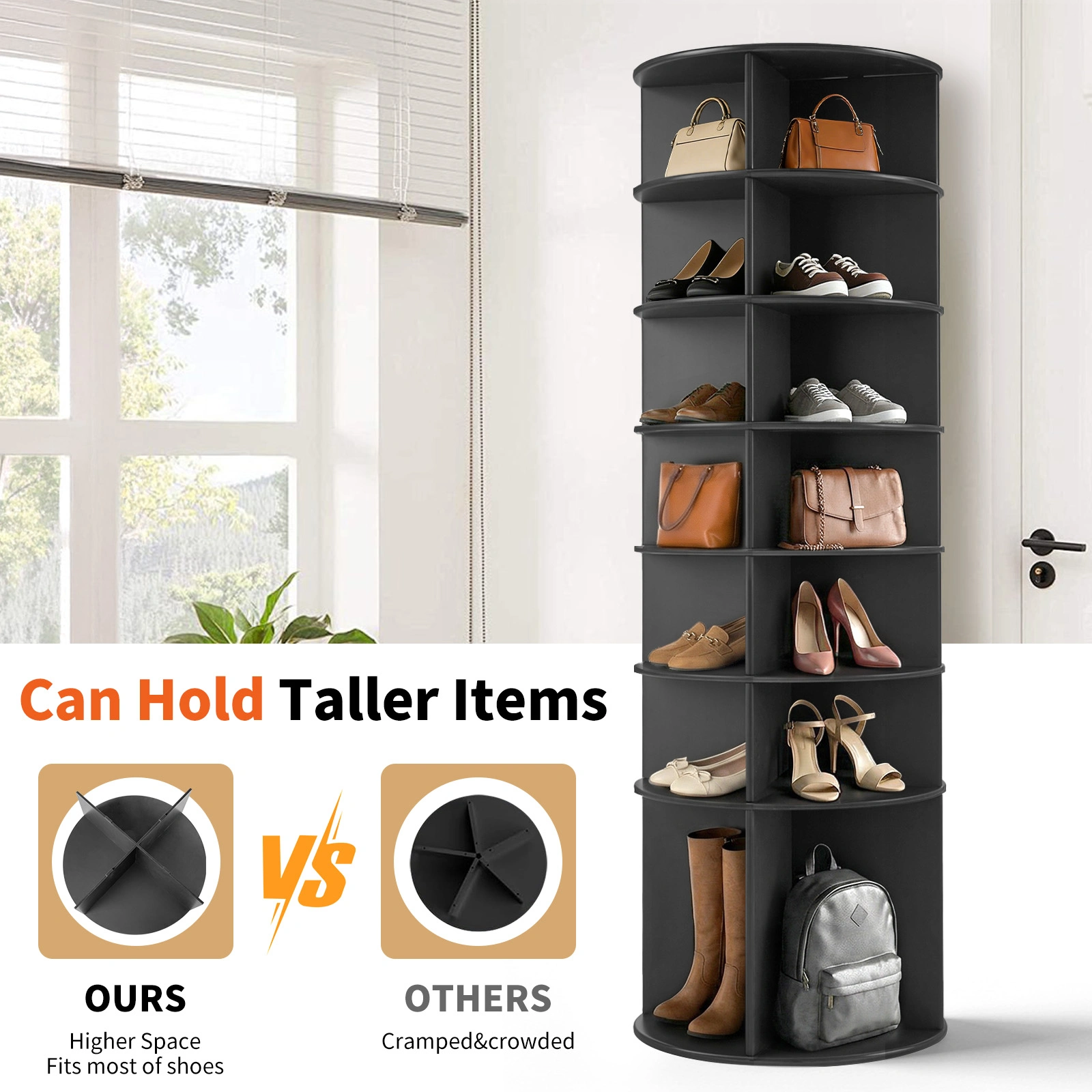 7-tier, 360° rotating wood-plastic composite shoe rack, 60*60*184cm, black view 7