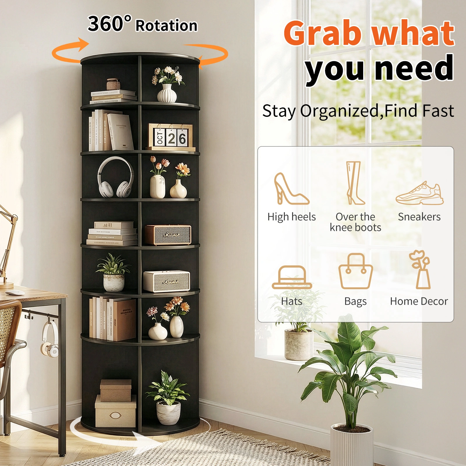 7-tier, 360° rotating wood-plastic composite shoe rack, 60*60*184cm, black view 8