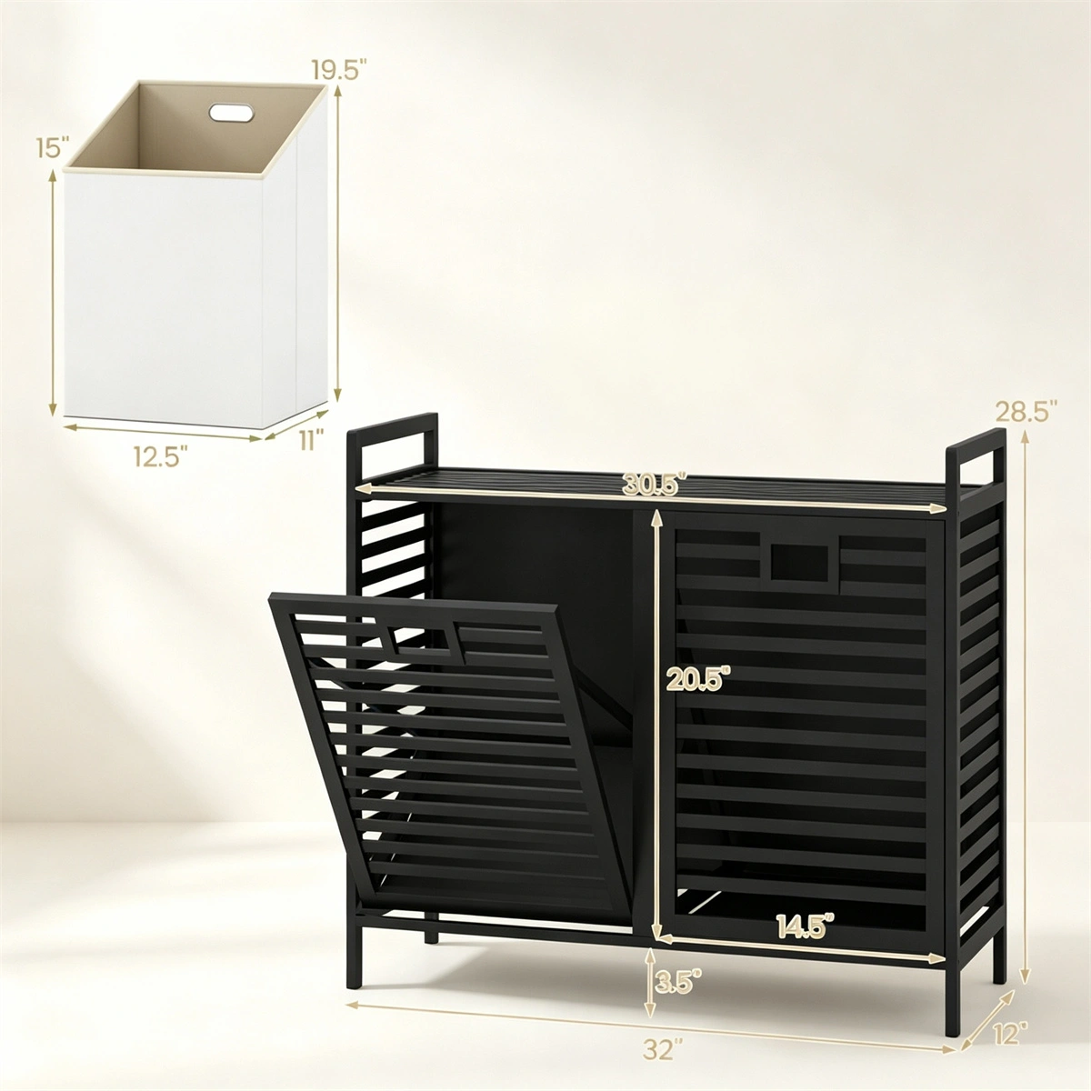 2-Bin Bamboo Laundry Hamper with 10 Gal Removable Polyester Sorter B view 4