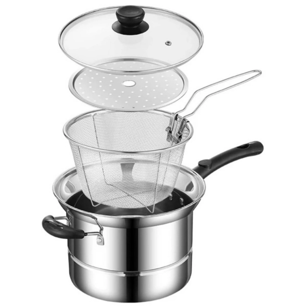 4 Pcs Non-Stick Chip Pan Deep Fryer Basket with Lid - Stainless Steel Noodle Soup Pot, 12L view 5
