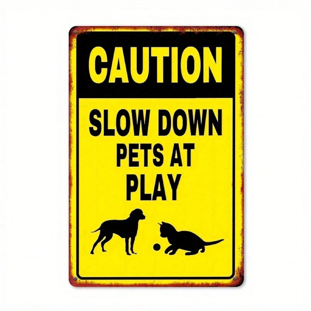 CIFbuy Slow Down Pets Playing Metal Sign, Yellow Pet Safety Warning Decor, 7.8x11.8 Inch Outdoor Indoor Gate Plaque, view 4