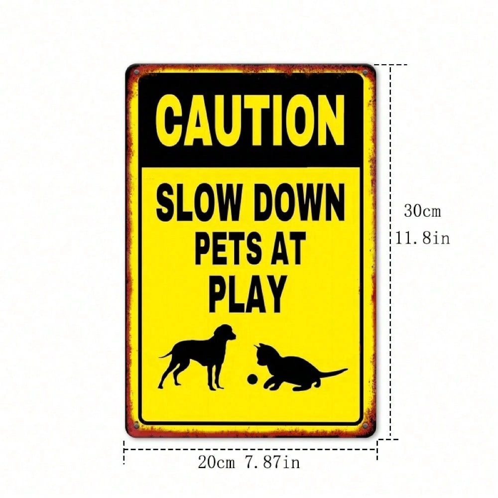 CIFbuy Slow Down Pets Playing Metal Sign, Yellow Pet Safety Warning Decor, 7.8x11.8 Inch Outdoor Indoor Gate Plaque, view 5