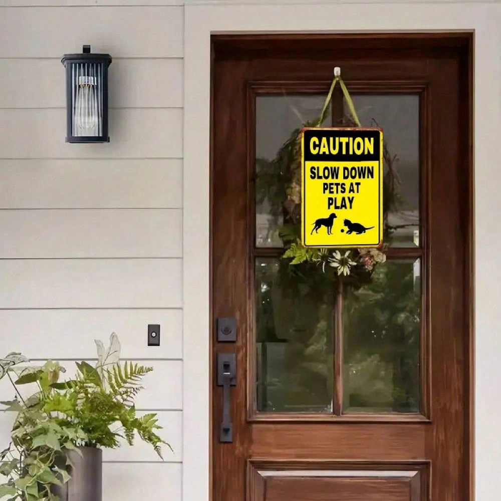 CIFbuy Slow Down Pets Playing Metal Sign, Yellow Pet Safety Warning Decor, 7.8x11.8 Inch Outdoor Indoor Gate Plaque, view 6