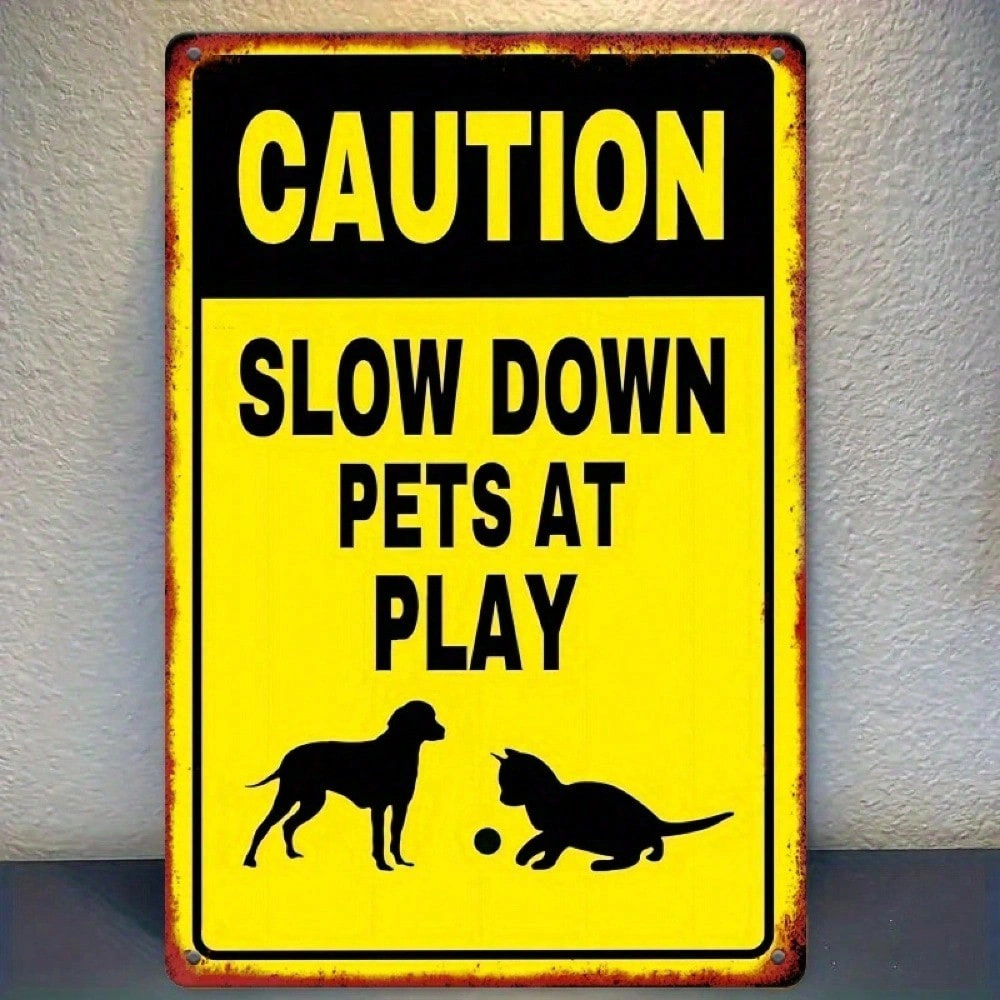 CIFbuy Slow Down Pets Playing Metal Sign, Yellow Pet Safety Warning Decor, 7.8x11.8 Inch Outdoor Indoor Gate Plaque, view 7