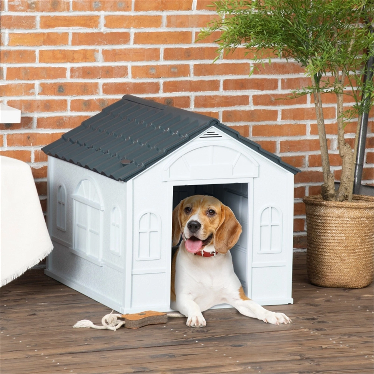 Gray Water-Resistant Dog House with Door Easy to Assemble Small Medium Puppy Shelter Indoor Outdoor Pet Home