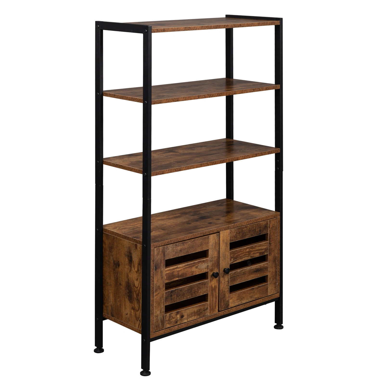 Industrial Bookshelf Storage Cabinet 3 Shelves 2 Doors, Rustic Brown Multipurpose Bookcase for Living Room Bedroom Study