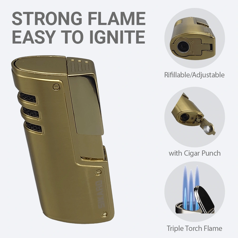 SIKARO CYCLONE Triple Torch Lighter, Gold Refillable Butane Windproof Lighter with Cigar Punch, Adjustable Flame for Cigars Cigarettes Kitchen Outdoor view 5