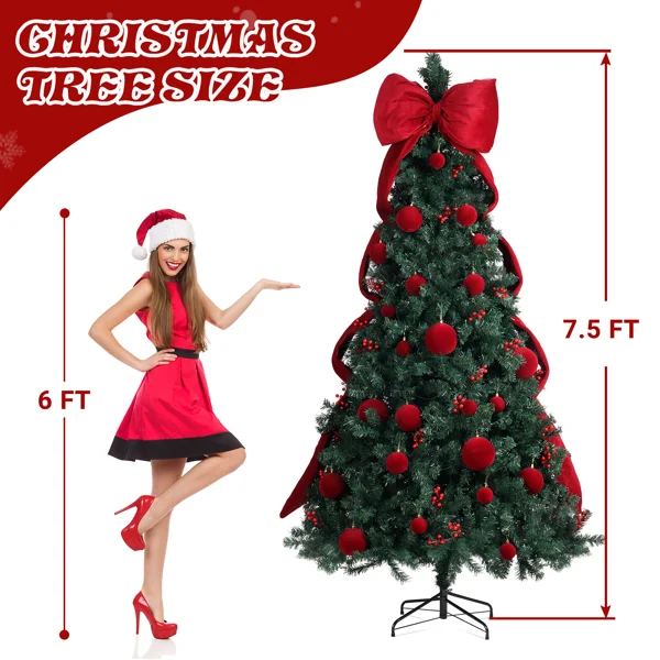 7.5 FT Artificial Christmas Tree with DIY 300 Warm White LED Lights, Hinged Xmas Pine Tree with Giant Bowknot and Red Ball Ornaments for Holiday Party Office Home, Dark Green Tree & Red Decor view 2