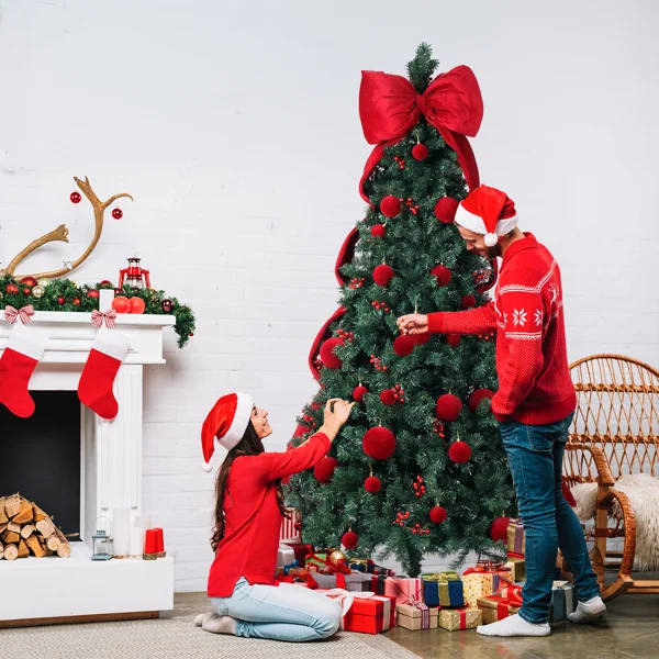 7.5 FT Artificial Christmas Tree with DIY 300 Warm White LED Lights, Hinged Xmas Pine Tree with Giant Bowknot and Red Ball Ornaments for Holiday Party Office Home, Dark Green Tree & Red Decor view 4