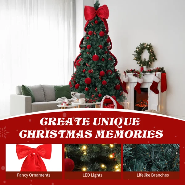 7.5 FT Artificial Christmas Tree with DIY 300 Warm White LED Lights, Hinged Xmas Pine Tree with Giant Bowknot and Red Ball Ornaments for Holiday Party Office Home, Dark Green Tree & Red Decor view 5