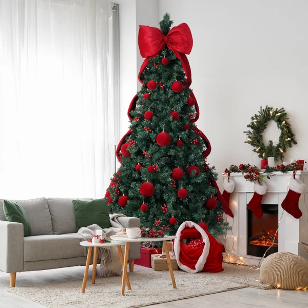 7.5 FT Artificial Christmas Tree with DIY 300 Warm White LED Lights, Hinged Xmas Pine Tree with Giant Bowknot and Red Ball Ornaments for Holiday Party Office Home, Dark Green Tree & Red Decor view 6