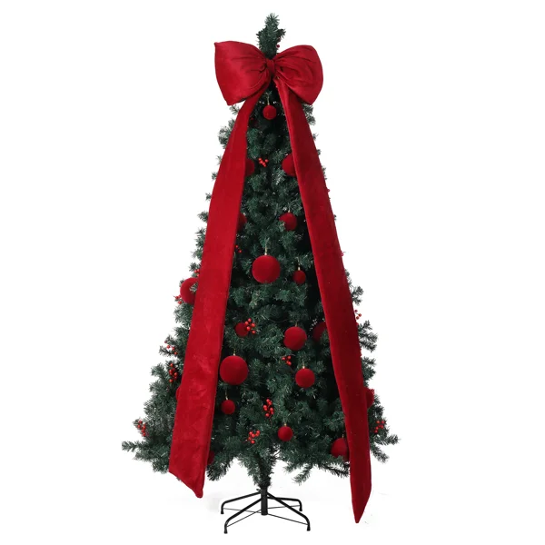 7.5 FT Artificial Christmas Tree with DIY 300 Warm White LED Lights, Hinged Xmas Pine Tree with Giant Bowknot and Red Ball Ornaments for Holiday Party Office Home, Dark Green Tree & Red Decor