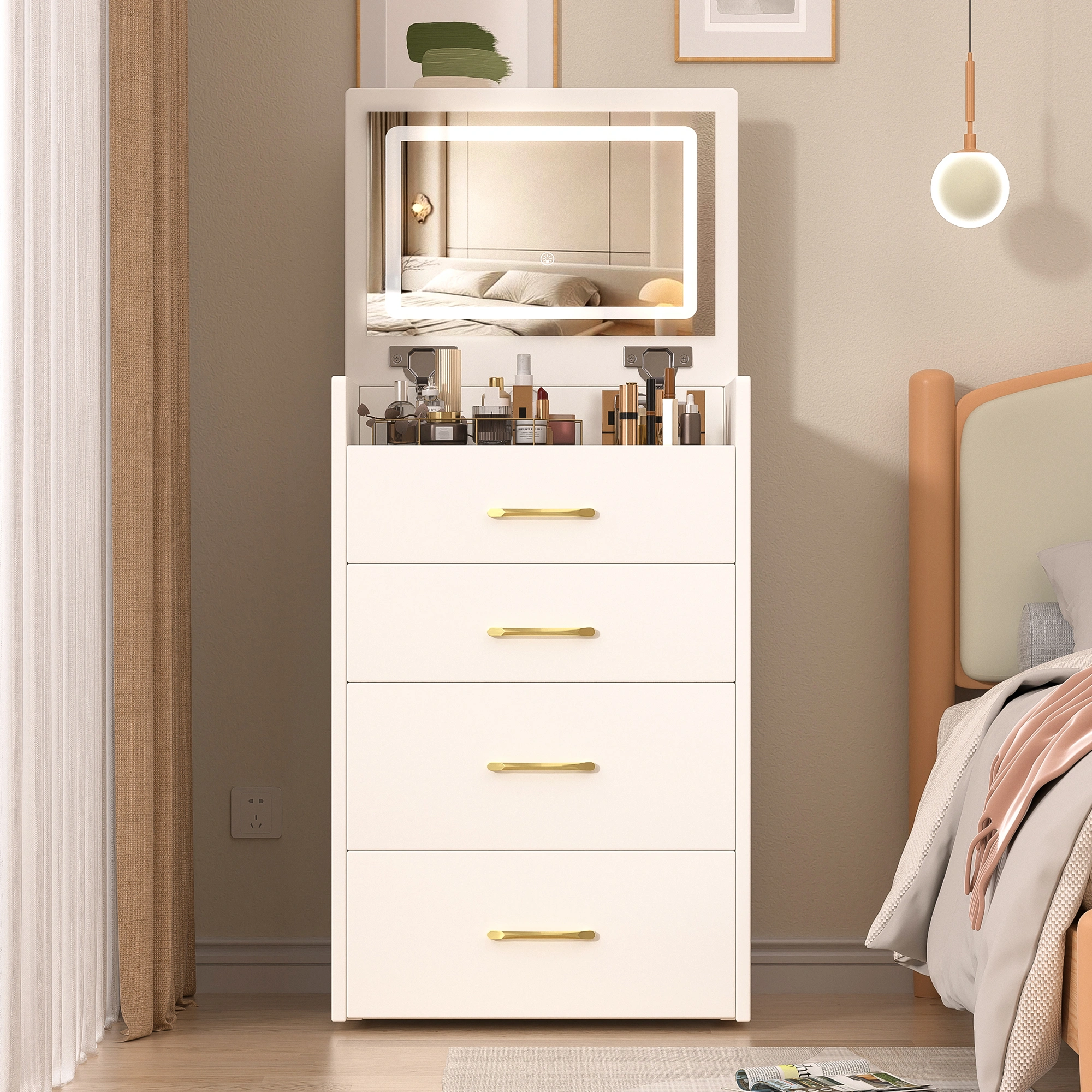 3-in-1 Vanity Desk with Mirror, Glass Top Makeup Vanity Table with 3 Drawers, Small Dressing Table for Bedroom