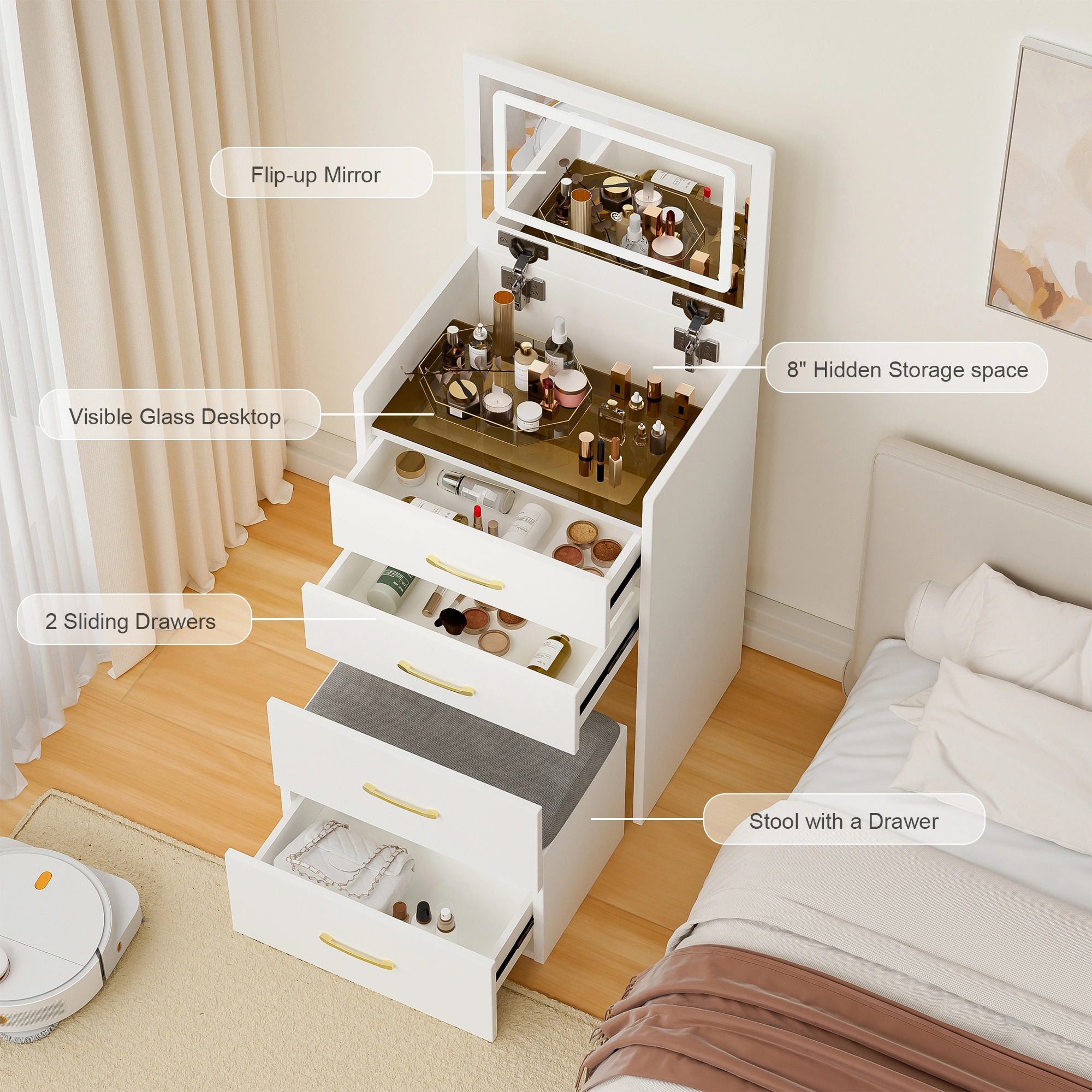 3-in-1 Vanity Desk with Mirror, Glass Top Makeup Vanity Table with 3 Drawers, Small Dressing Table for Bedroom view 2