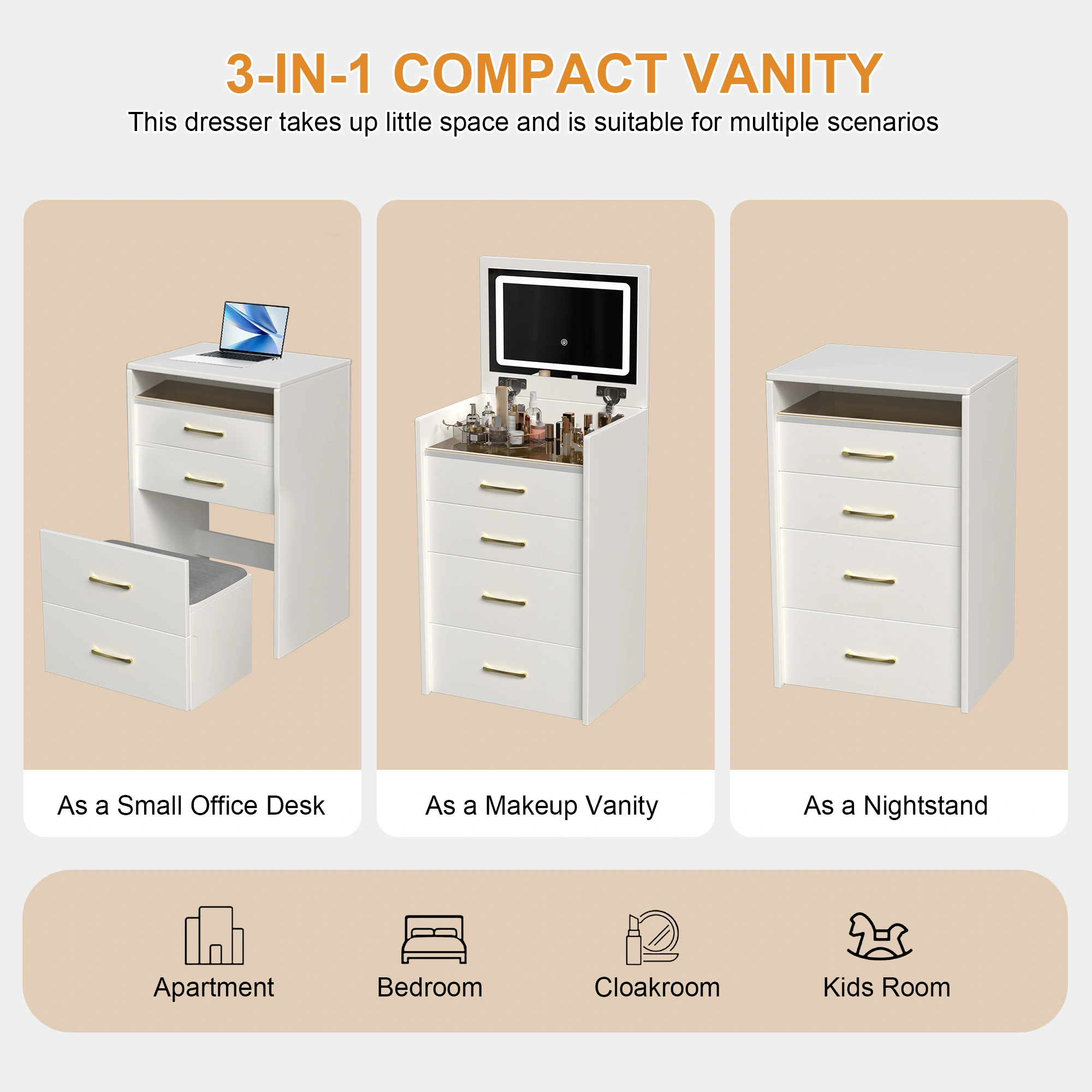 3-in-1 Vanity Desk with Mirror, Glass Top Makeup Vanity Table with 3 Drawers, Small Dressing Table for Bedroom view 3