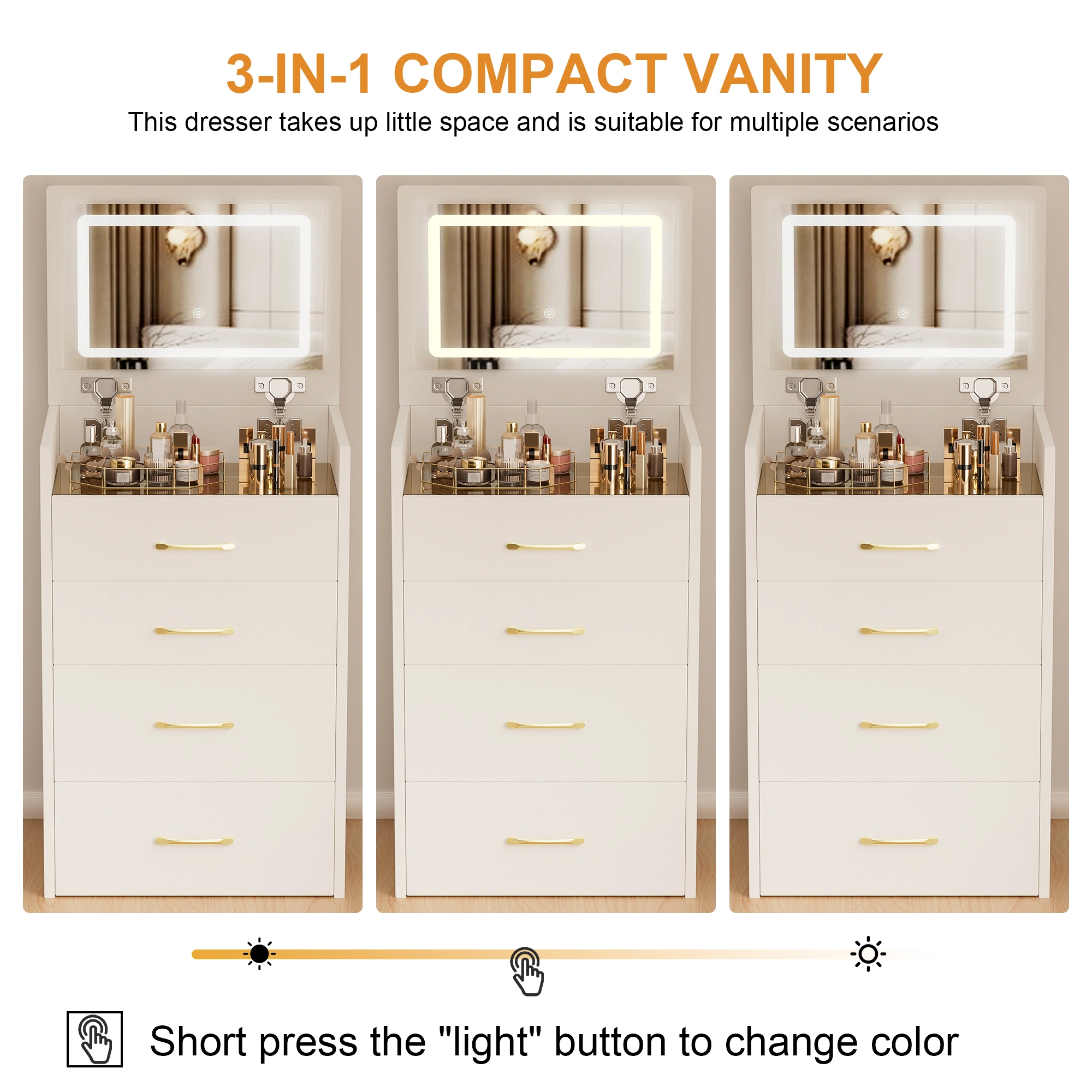 3-in-1 Vanity Desk with Mirror, Glass Top Makeup Vanity Table with 3 Drawers, Small Dressing Table for Bedroom view 5