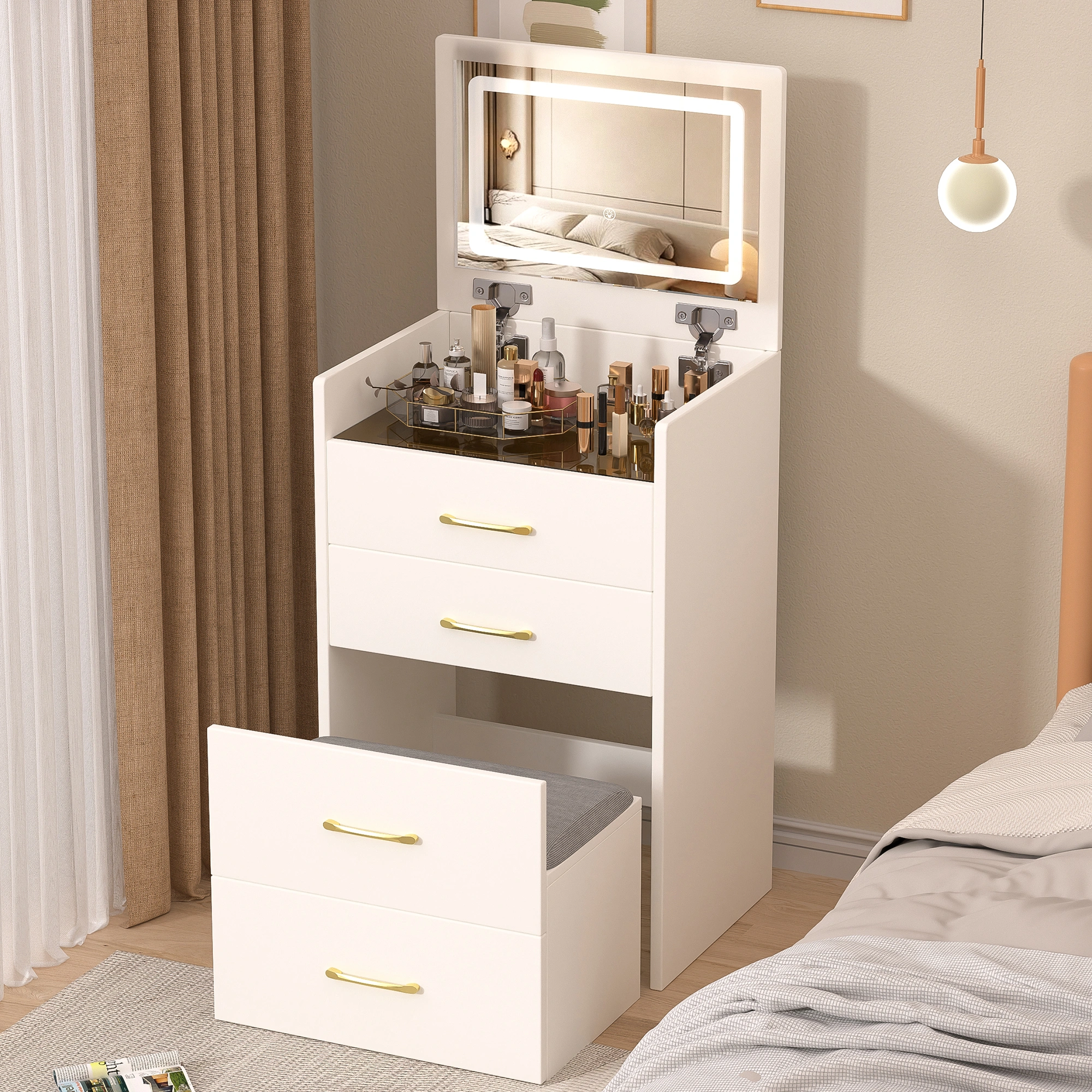 3-in-1 Vanity Desk with Mirror, Glass Top Makeup Vanity Table with 3 Drawers, Small Dressing Table for Bedroom view 7