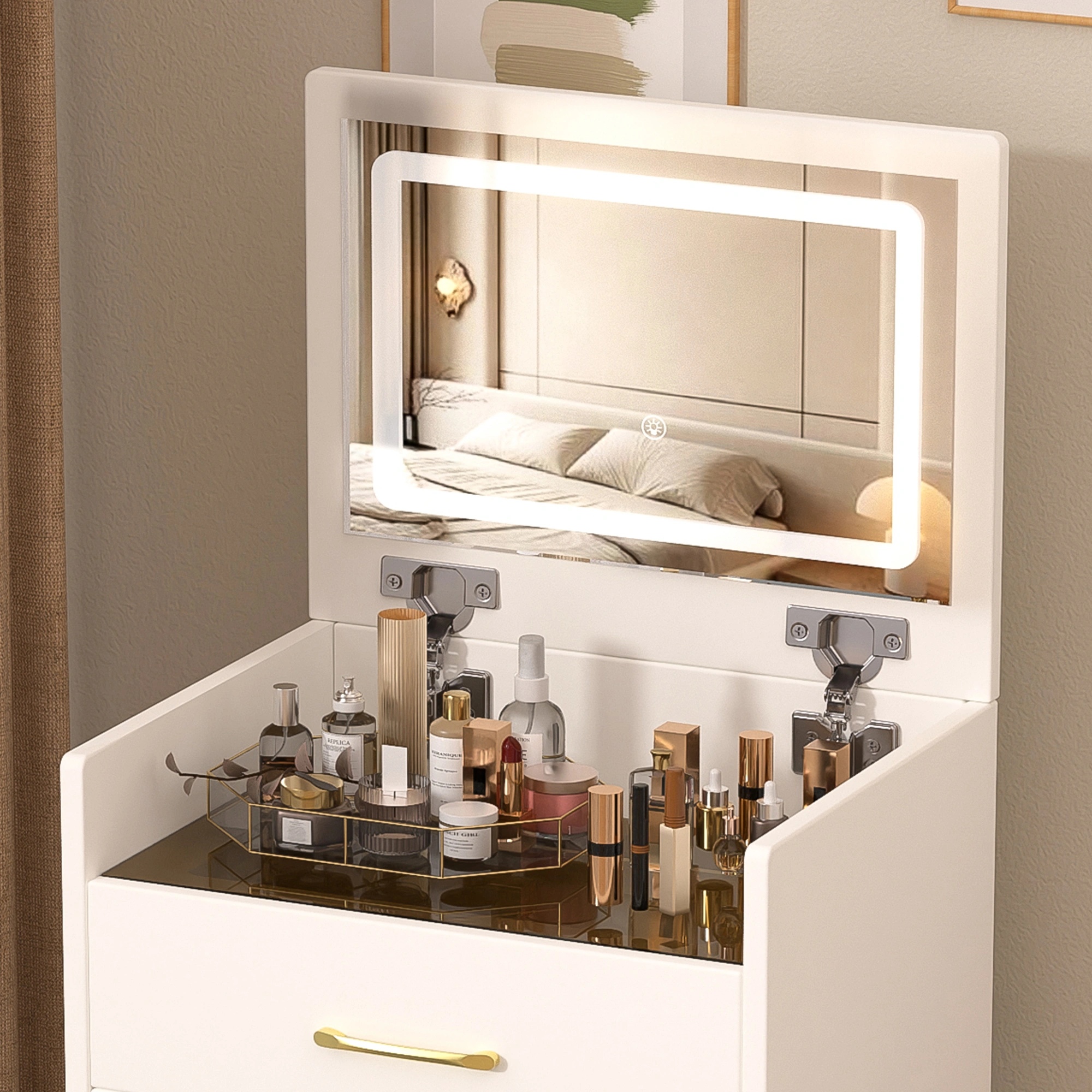 3-in-1 Vanity Desk with Mirror, Glass Top Makeup Vanity Table with 3 Drawers, Small Dressing Table for Bedroom view 8
