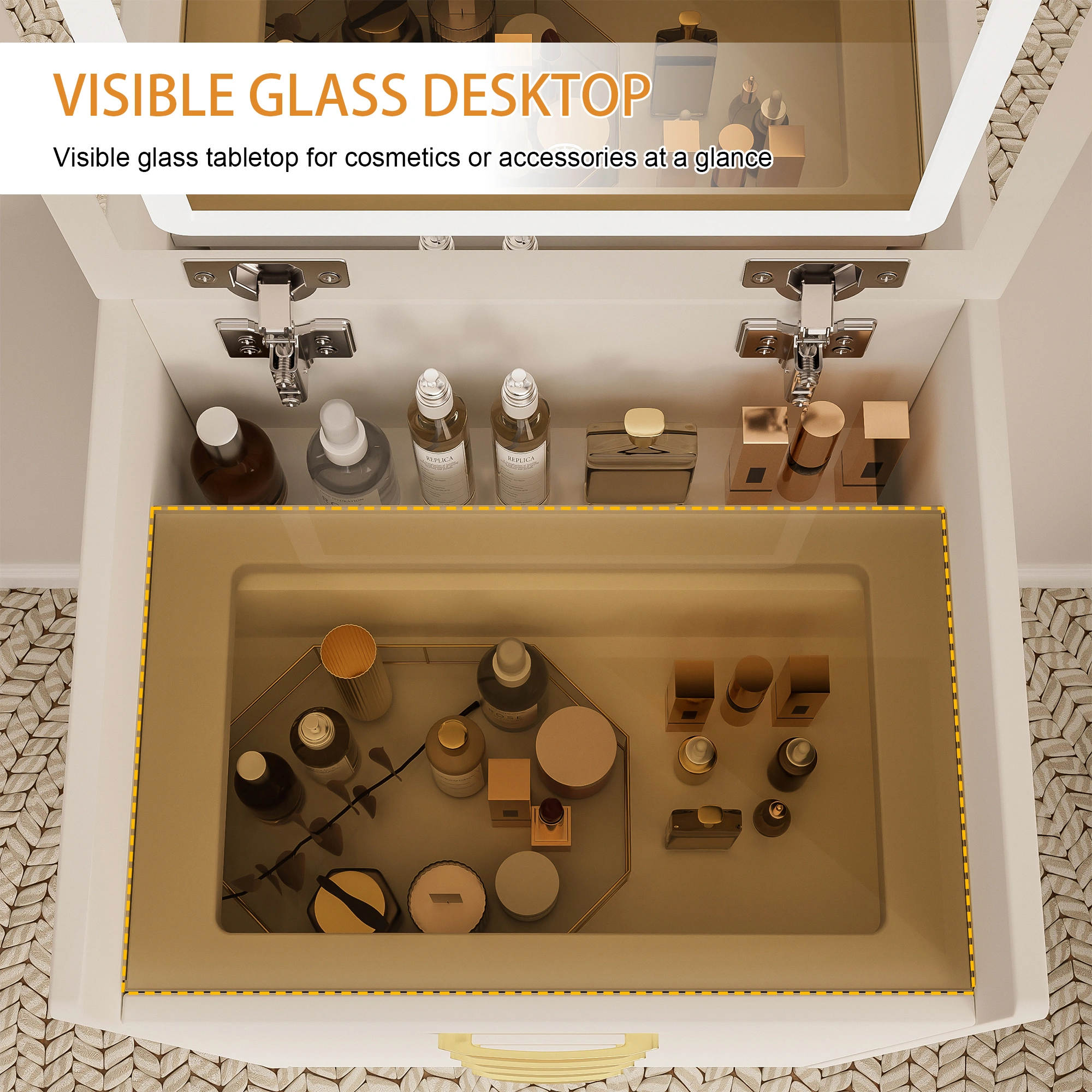 3-in-1 Vanity Desk with Mirror, Glass Top Makeup Vanity Table with 3 Drawers, Small Dressing Table for Bedroom view 9